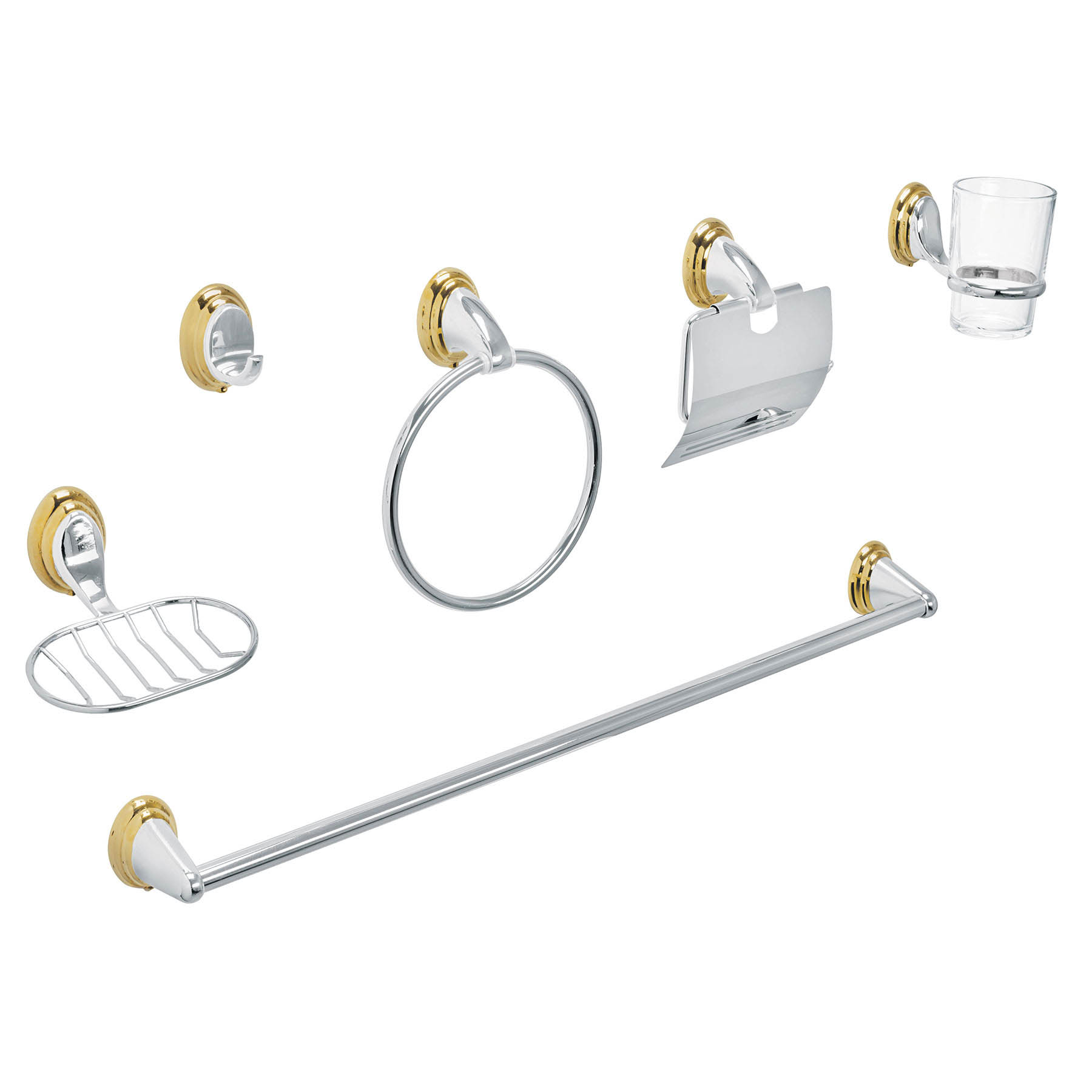 Juego de 6 acc. p/baño cromo-oro chapeton ovalado, Aqua