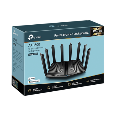 TP-LINK - Router WiFi 6 Triple Banda AX6600 MU-MIMO / 1 Puerto WAN/LAN 2.5 Gbps / 1 Puerto WAN/LAN 1Gbps / 3 Puertos LAN 1Gbps / 2 puerto USB 3.0 / OneMesh ™ / Adminitración App (Tether) o Página web / Protección HomeShield