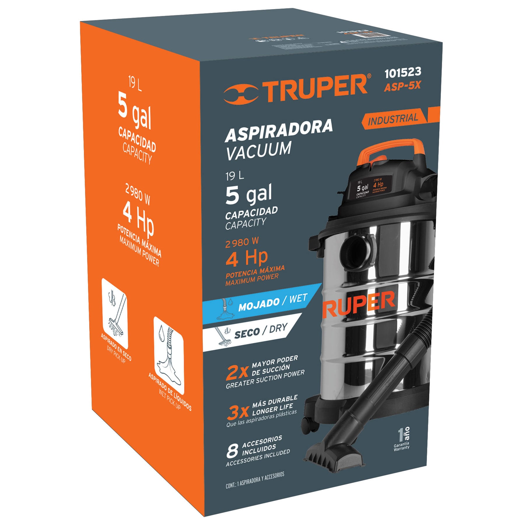 Aspiradora de solidos y liquidos, 5 gal, acero inox, Truper