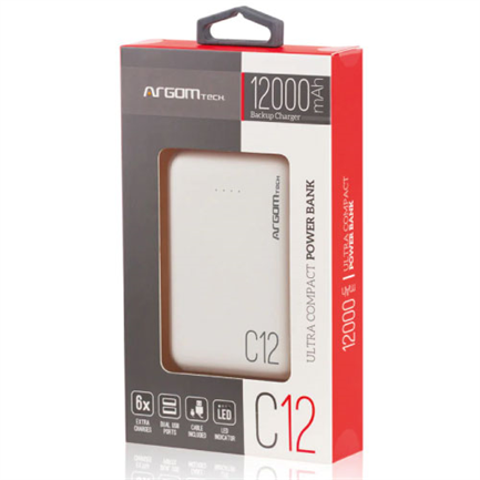 ARGOMTECH - Power Bank Argomtech C12 Ultracompacto 12000mAh  2 Puertos 2.1A/2A Color Blanco