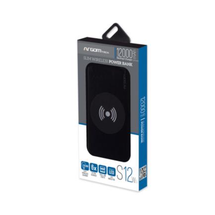 ARGOMTECH - Power Bank Argomtech S12W Delgado de Aluminio con Cargador Rapido 18W 12000 mAh Wireless Color Negro