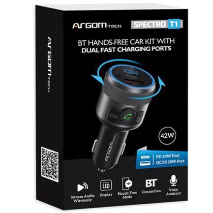 ARGOMTECH - Kit Manos Libres Argomtech para Auto Spectro T1 Bluetooth Pantalla LED Dos Puertos de Carga Rápida 42 W USB Color Negro