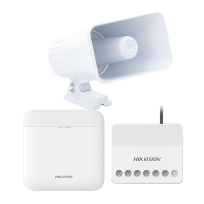 HIKVISION - (AXPRO) KIT de alarma AX PRO con sirena cableada 30W / Incluye: 1 Hub con Batería de respaldo / 1 Sirena Cableada de 30 Watts IP65 / 1 Relevador Inalámbrico 0 a 36 VCC / Compatible con Hik-Connect P2P
