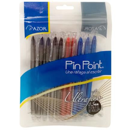 AZOR - Bolígrafo Azor Pin Point UltraFino Redondo Punta Aguja Fina 0.5 mm Colores Surtidos C/10