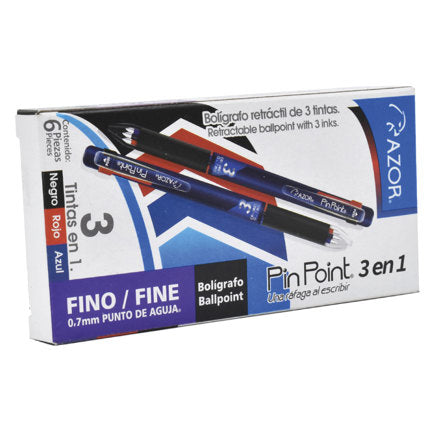 AZOR - Boligrafo Azor Pin Point Retractil 3 en 1 Negro Azul y Rojo Punto Fino 0.7mm Caja C/6