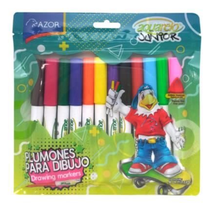 AZOR - Marcador Aquarelo Junior Punta Fina Colores Surtidos Estuche C/12 Pzas
