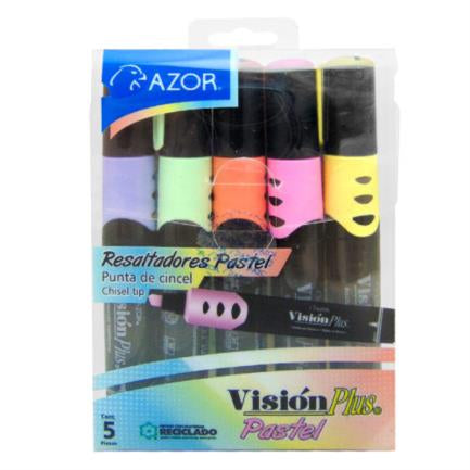 AZOR - Marcador Resaltador Visión Plus Pastel Redondo Punta Cincel Colores Surtidos C/5 Pzas