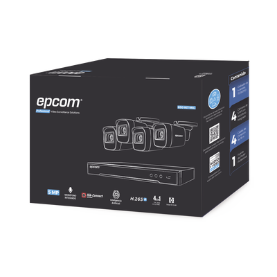 EPCOM PROFESSIONAL - Kit TURBOHD 5 Megapixel / DVR 4 Canales / 4 Cámaras de 5 Megapixel con Micrófono Integrado / 4 Cables 18 Metros / Fuente de Poder Profesional