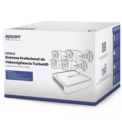 EPCOM PROFESSIONAL - (MICRÓFONO Integrado) Kit TurboHD 1080p Lite / DVR 4 canales / Audio por Coaxitron / 4 Cámaras Bala de Metal con Micrófono Integrado