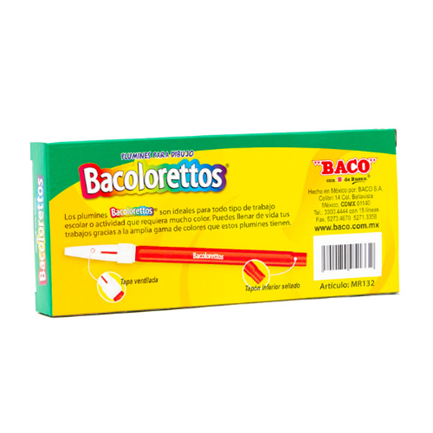 BACO - Marcador Baco Plumin Bacoloretto Color Rojo C/12 Pzas