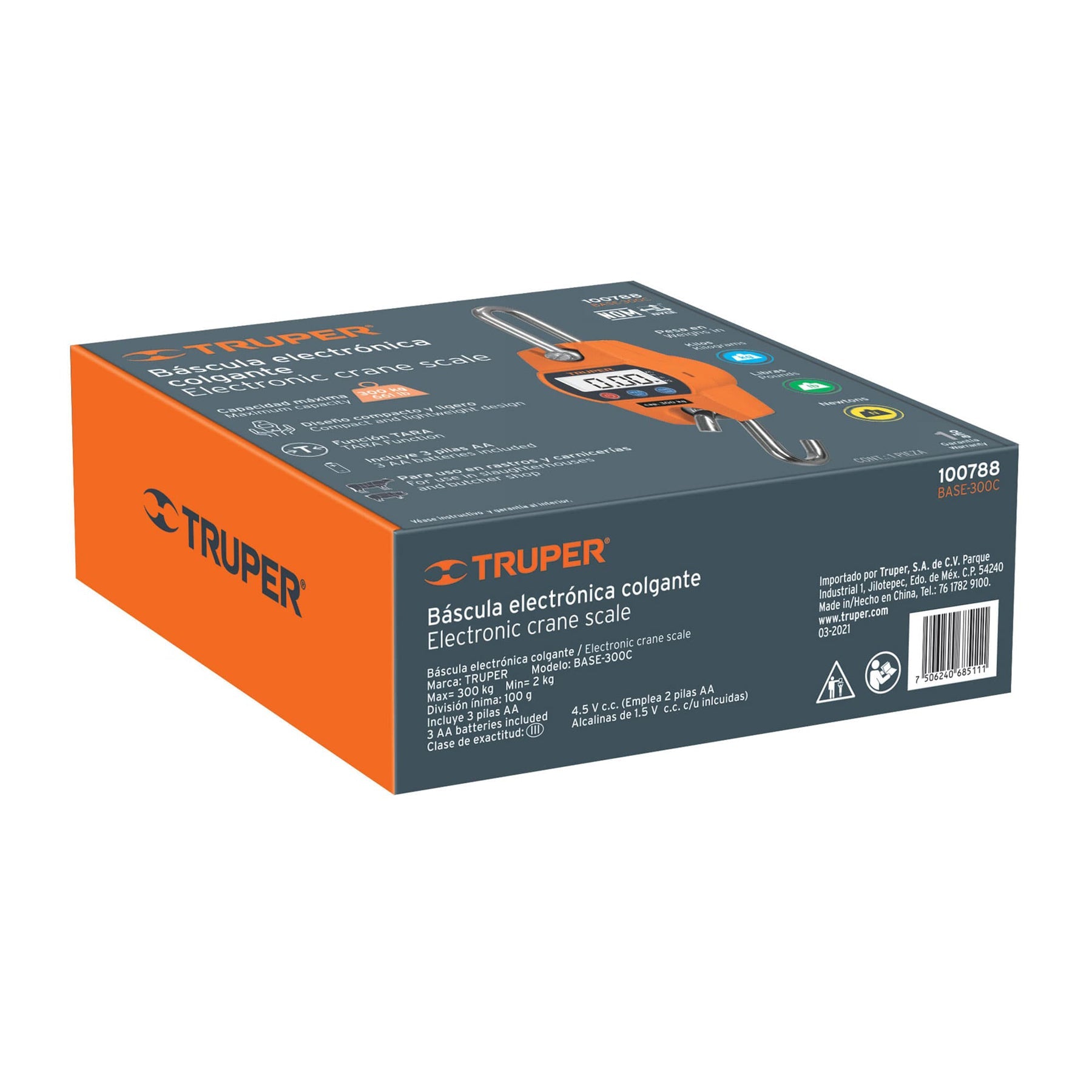 Bascula electronica colgante, de pilas, 300 kg, Truper