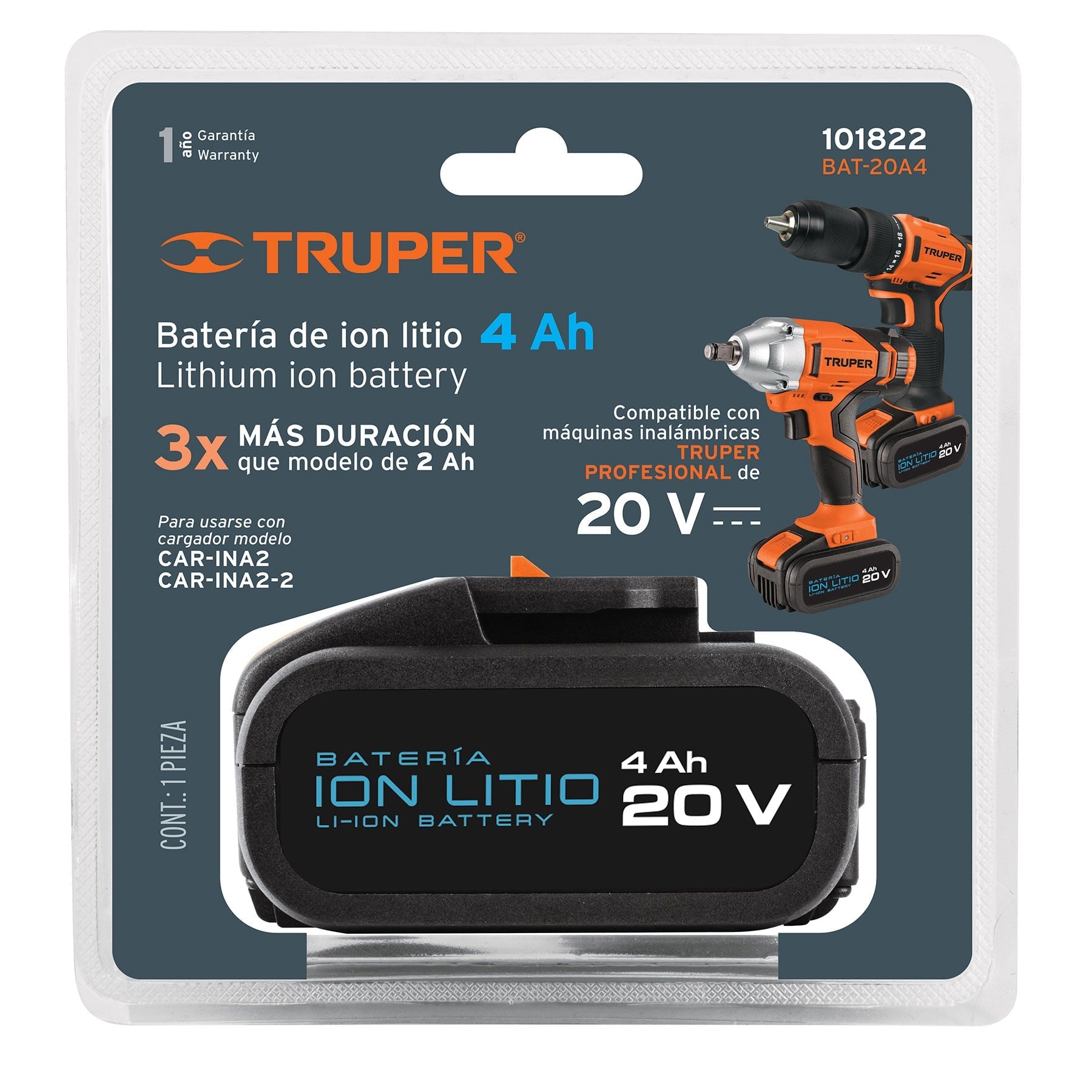 Bateria ion litio, 20V, 4 Ah, TRUPER PRO