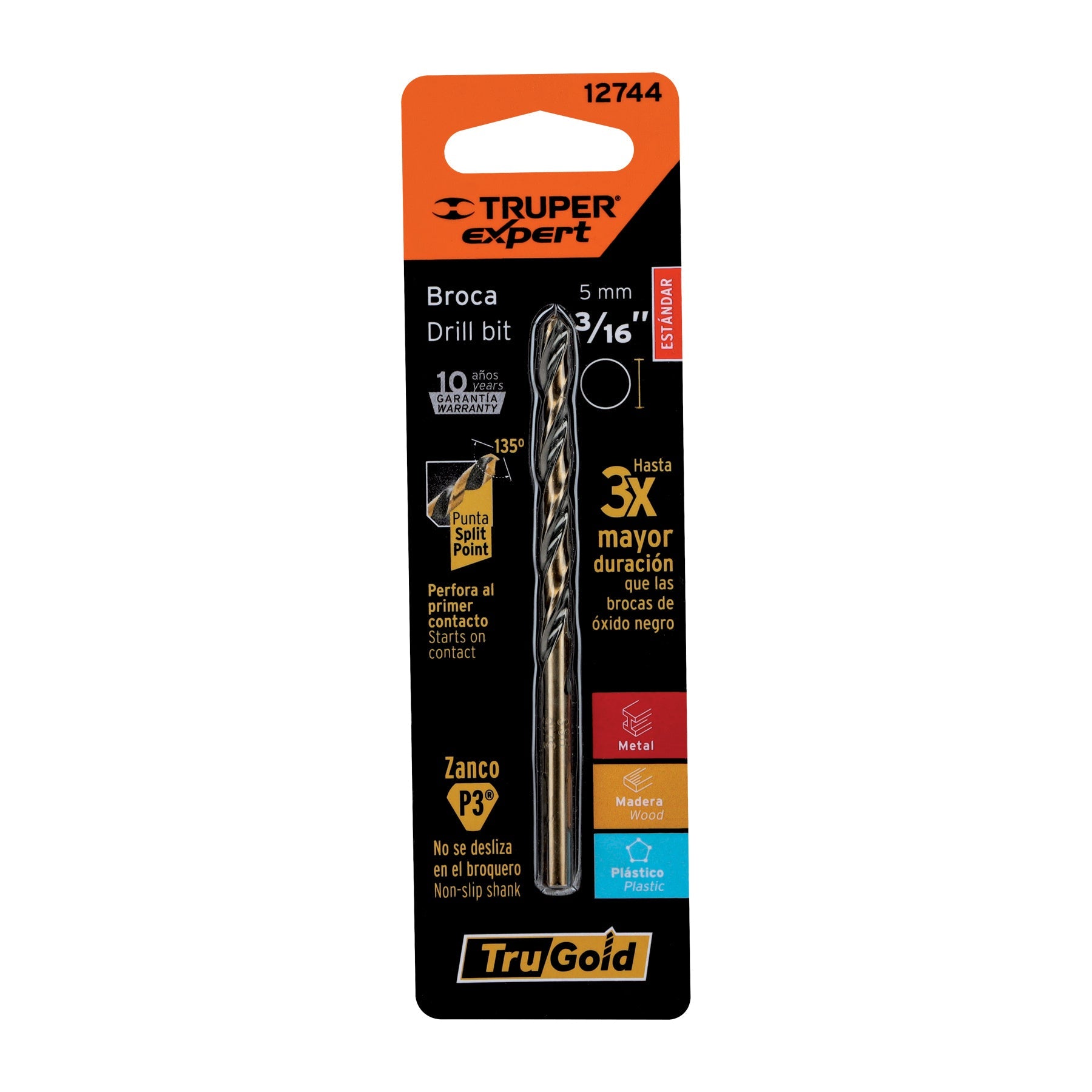 Broca HSS 3/16' Trugold para metal en blister, Expert