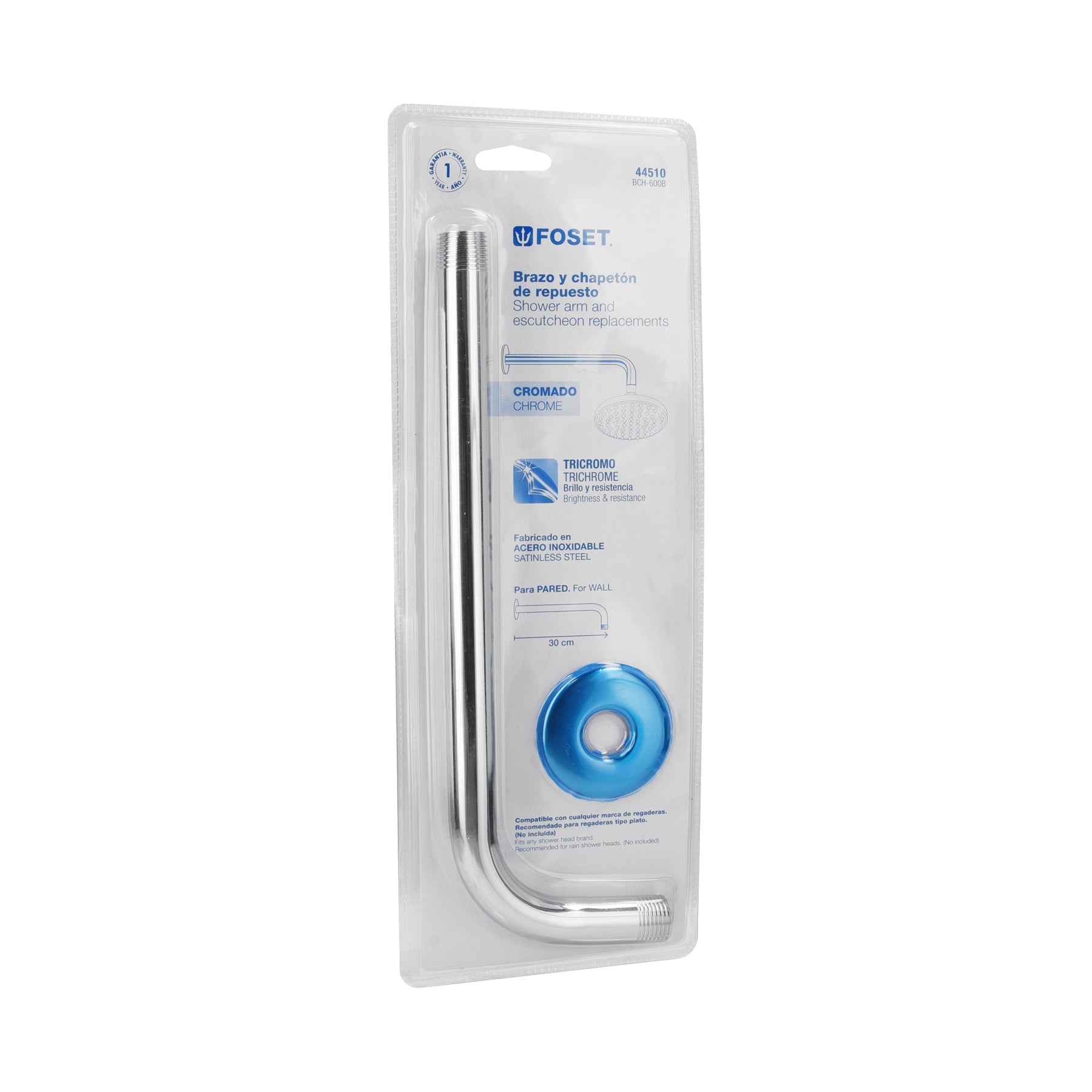 Brazo y chapeton de repuesto para regadera, Aqua, blister