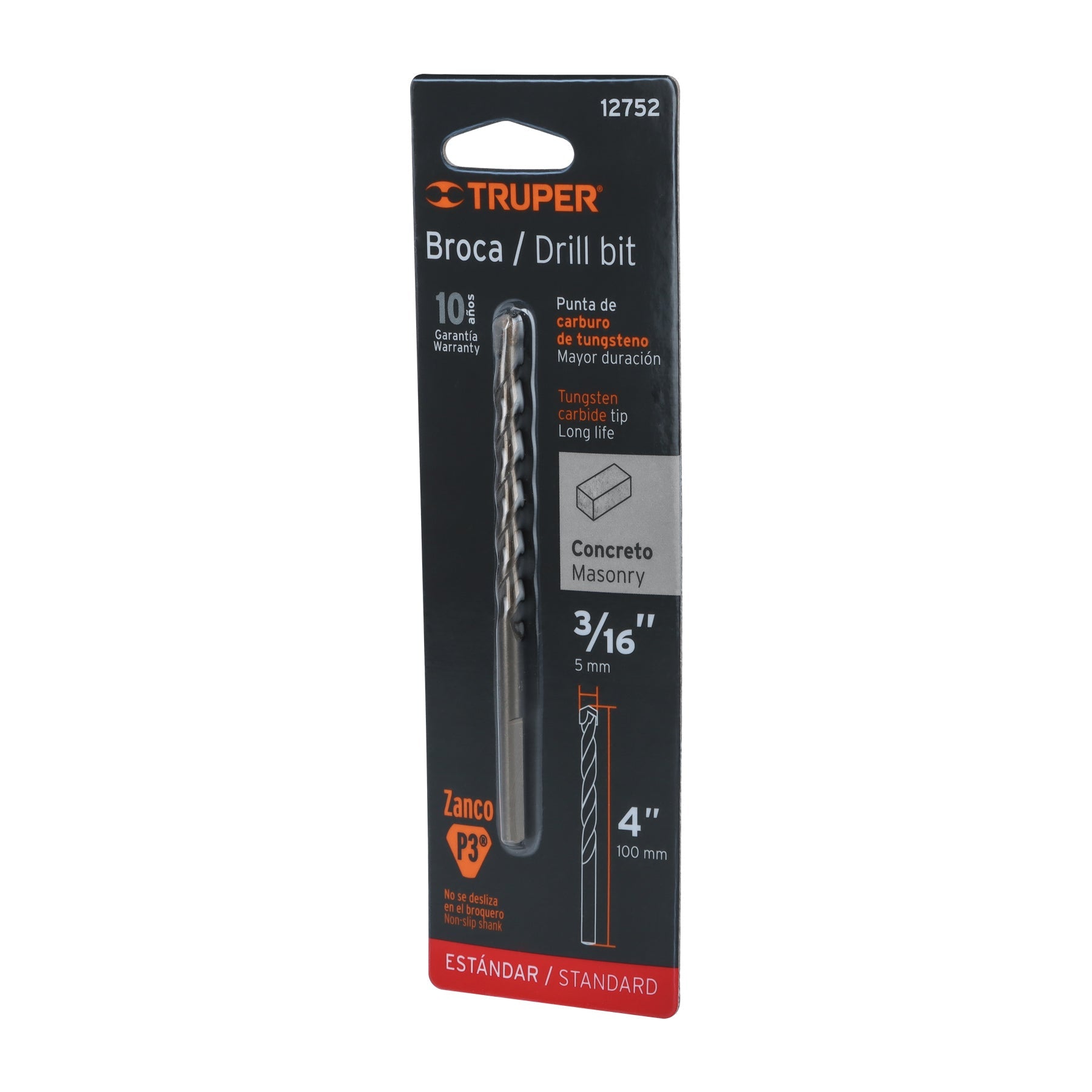 Broca para concreto de 3/16 x 4' en blister, TRUPER