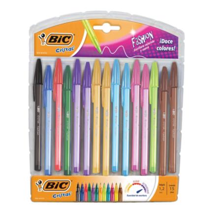 BIC - Bolígrafo BIC Cristal Fashion Punta 1.2mm Colores Surtidos C/15 Pzas