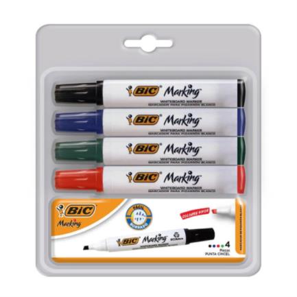 BIC - Marcador BIC para Pizarrón Blanco Punta Cincel Colores Surtidos C/4 + Borrador