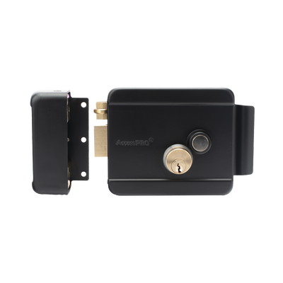 ACCESSPRO - Cerradura Eléctrica con Botón de Salida / Incluye Llave  / Exterior / Izquierda / Color Negro