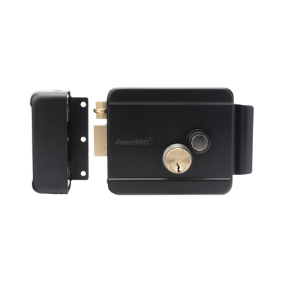 ACCESSPRO - Cerradura Eléctrica con Botón de Salida / Incluye Llave  / Exterior / Izquierda / Color Negro