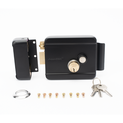 ACCESSPRO - Cerradura Eléctrica con Botón de Salida / Incluye Llave  / Exterior / Izquierda / Color Negro