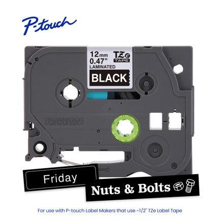 BROTHER - Cinta Laminada Brother Estandar Texto blanco sobre cinta negra de 12mm x 8m