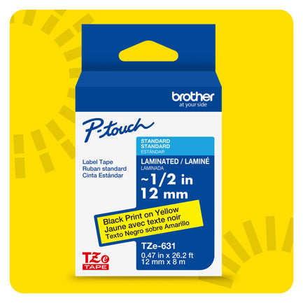 BROTHER - Cinta Laminada Brother Estandar Texto negro sobre cinta amarilla de 12mm x 8m