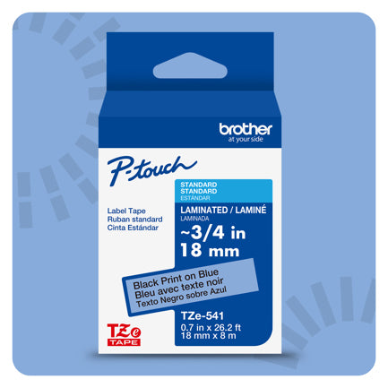 BROTHER - Cinta Laminada Brother Estandar Texto negro sobre cinta azul de 18mm x 8m