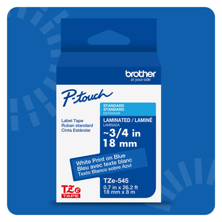 BROTHER - Cinta Laminada Brother Estándar Texto Blanco sobre Cinta Azul de 18mm x 8m