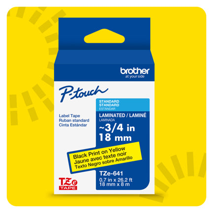 BROTHER - Cinta Laminada Brother Estandar Texto negro sobre cinta amarilla de 18mm x 8m