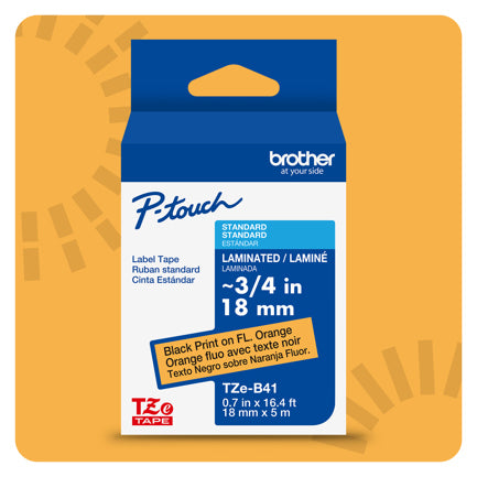 BROTHER - Cinta Laminada Brother Estandar Texto negro sobre cinta naranja fluorescente de 18mm x 5m