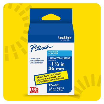 BROTHER - Cinta Laminada Brother Estandar Texto negro sobre cinta amarilla de 36mm x 8m