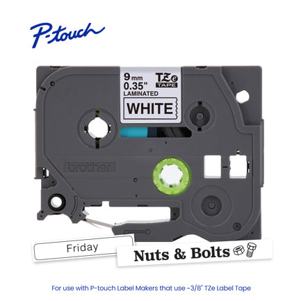 BROTHER - Cinta Laminada Brother Estandar Texto negro sobre cinta blanca de 9mm x 8m