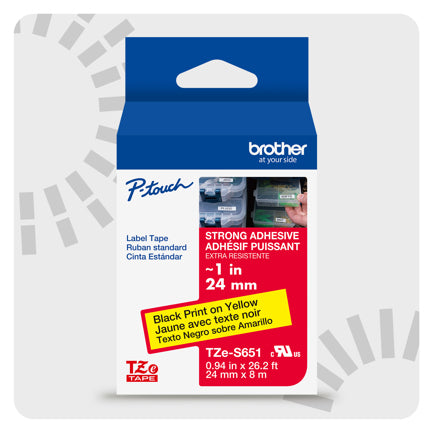 BROTHER - Cinta Laminada Brother con Extra Adhesivo Texto Negro sobre Cinta Amarilla de 24mm X 8m TZES651G