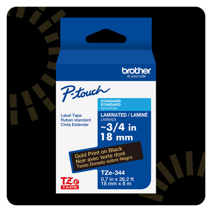 BROTHER - Cinta Laminada Brother Estándar Texto Dorado sobre Cinta Negra de 18mm x 8m