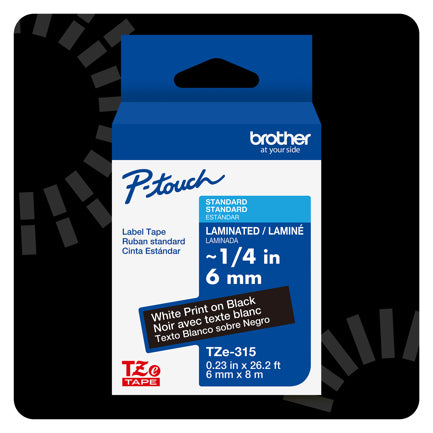 BROTHER - Cinta Laminada Brother Estandar Texto blanco sobre cinta negra de 6mm x 8m