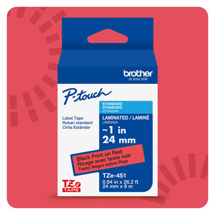 BROTHER - Cinta Laminada Brother Estandar Texto negro sobre cinta roja de 24mm x 8m