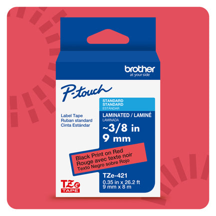 BROTHER - Cinta Laminada Brother Estandar Texto negro sobre cinta roja de 9mm x 8m
