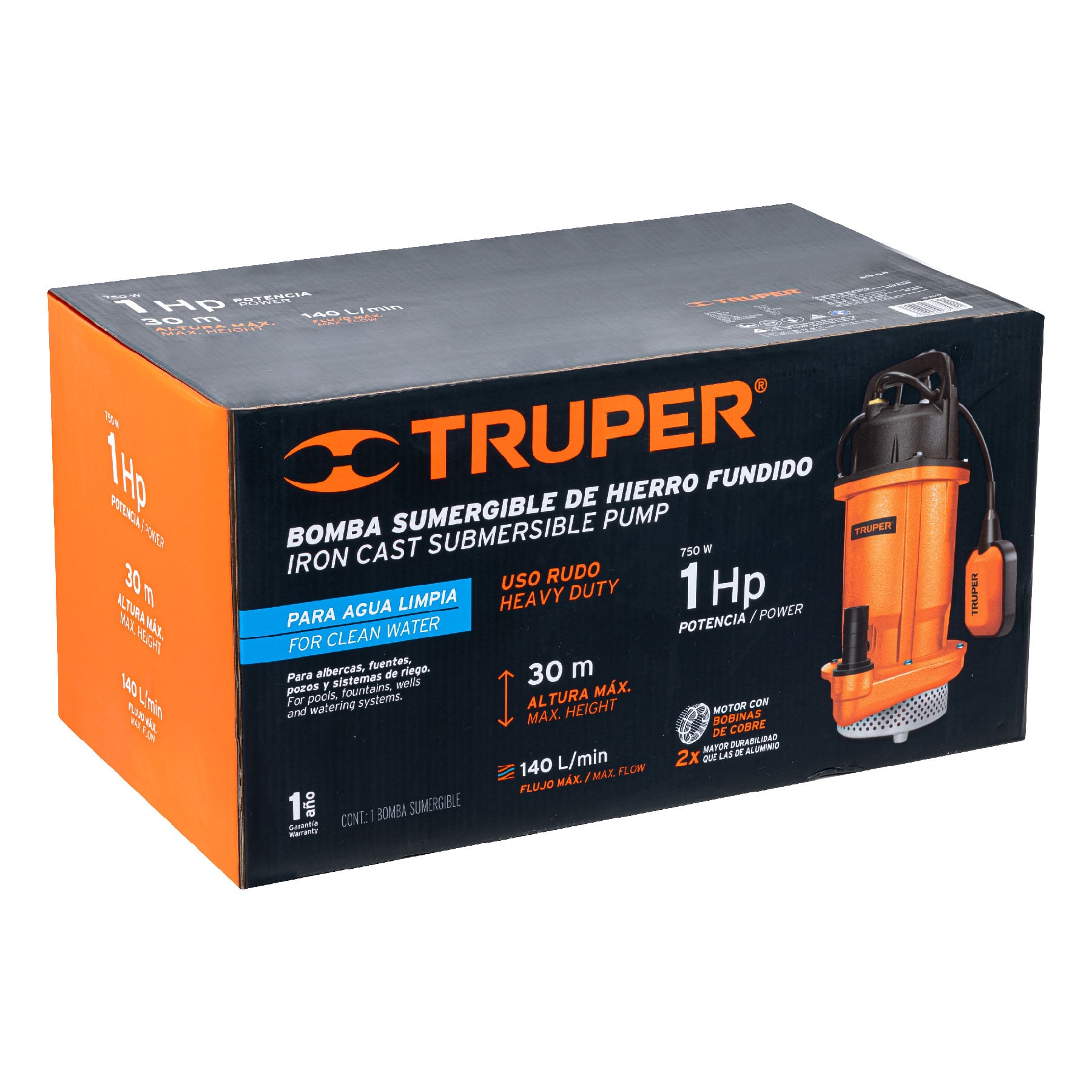 Bomba sumergible hierro fundido, agua limpia, 1 HP, TRUPER