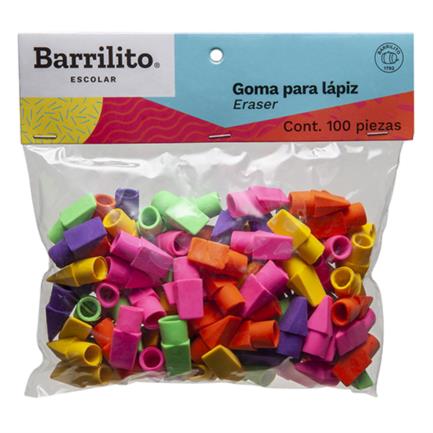 BARRILITO - Goma Barrilito para Lápiz Colores Surtidos Bolsa C/100 Pzas