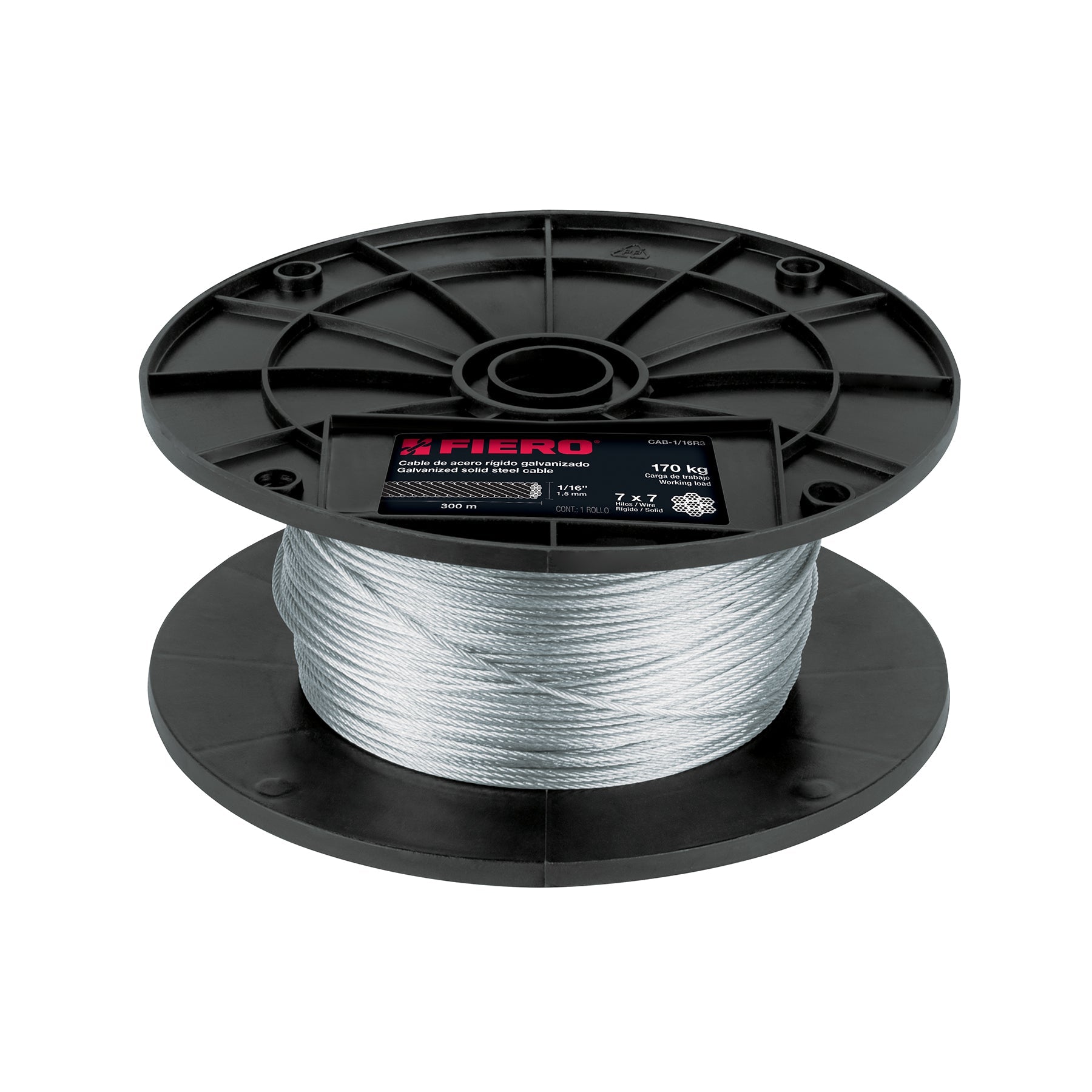 Metro de cable rigido 1/16' de acero 7x7 hilos, 300 m, FIERO