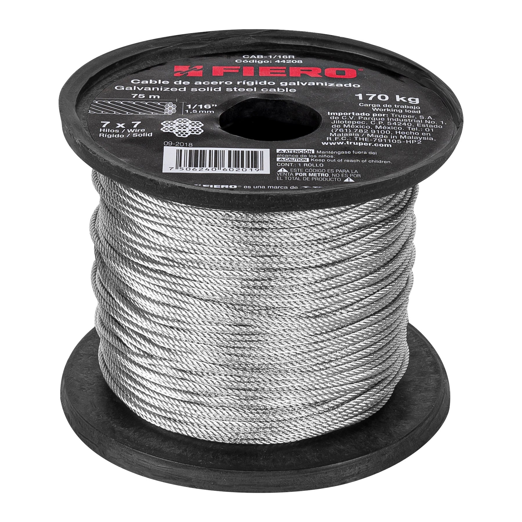 Metro de cable rigido 1/16' de acero 7x7 hilos, 75 m, FIERO