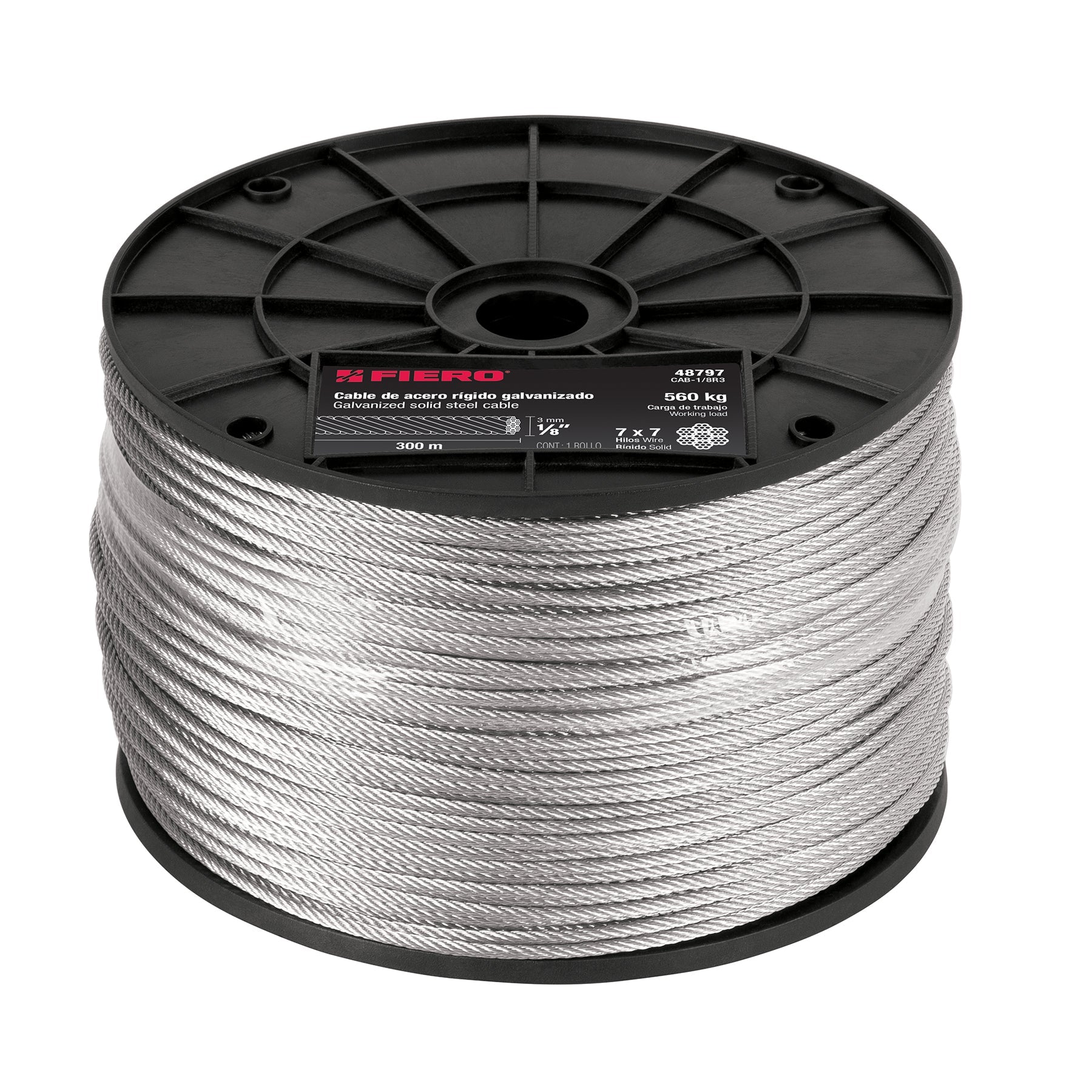 Metro de cable rigido 1/8' de acero 7x7 hilos, 300 m, FIERO