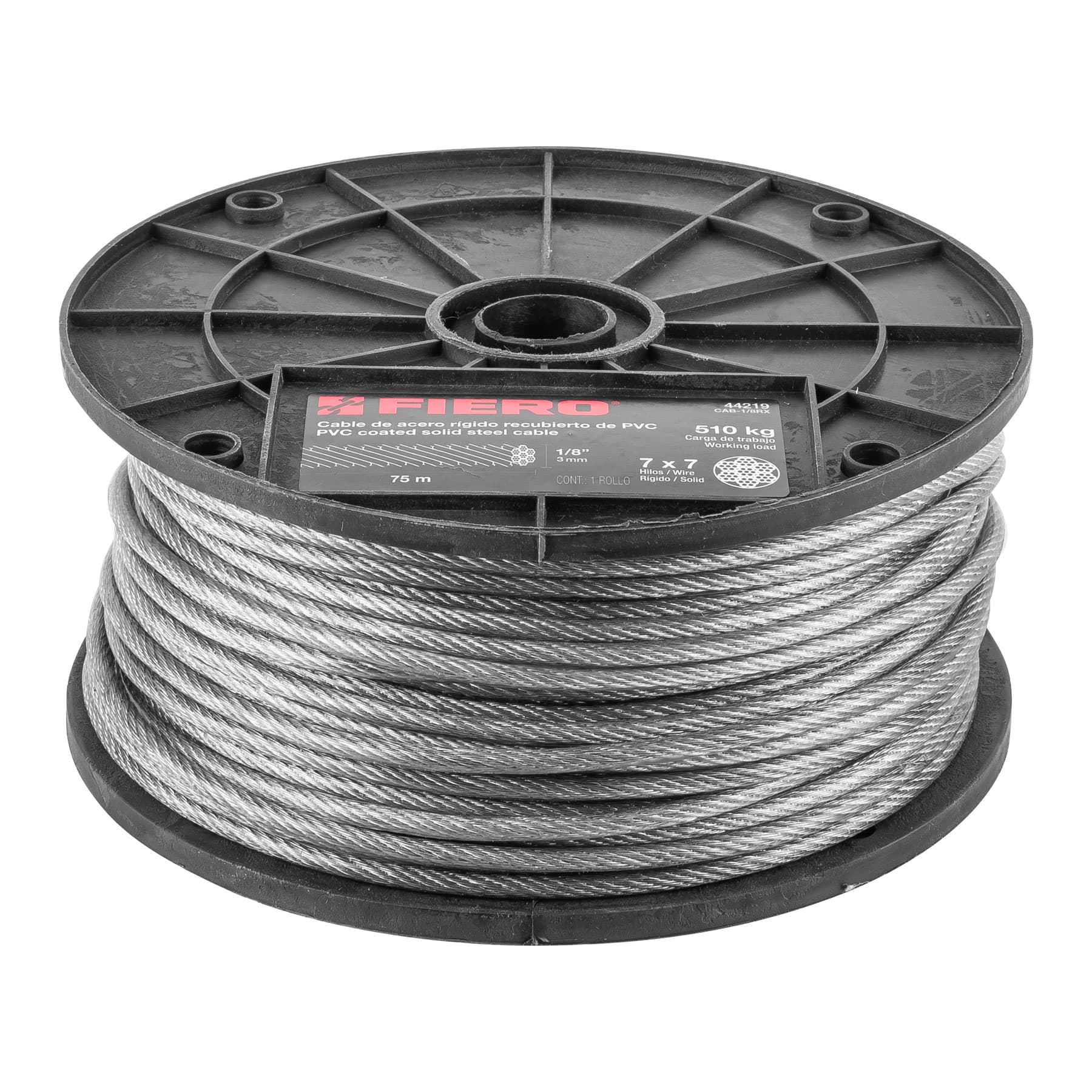 Metro de cable rigido 1/8' acero 7x7 recubierto PVC, 75 m