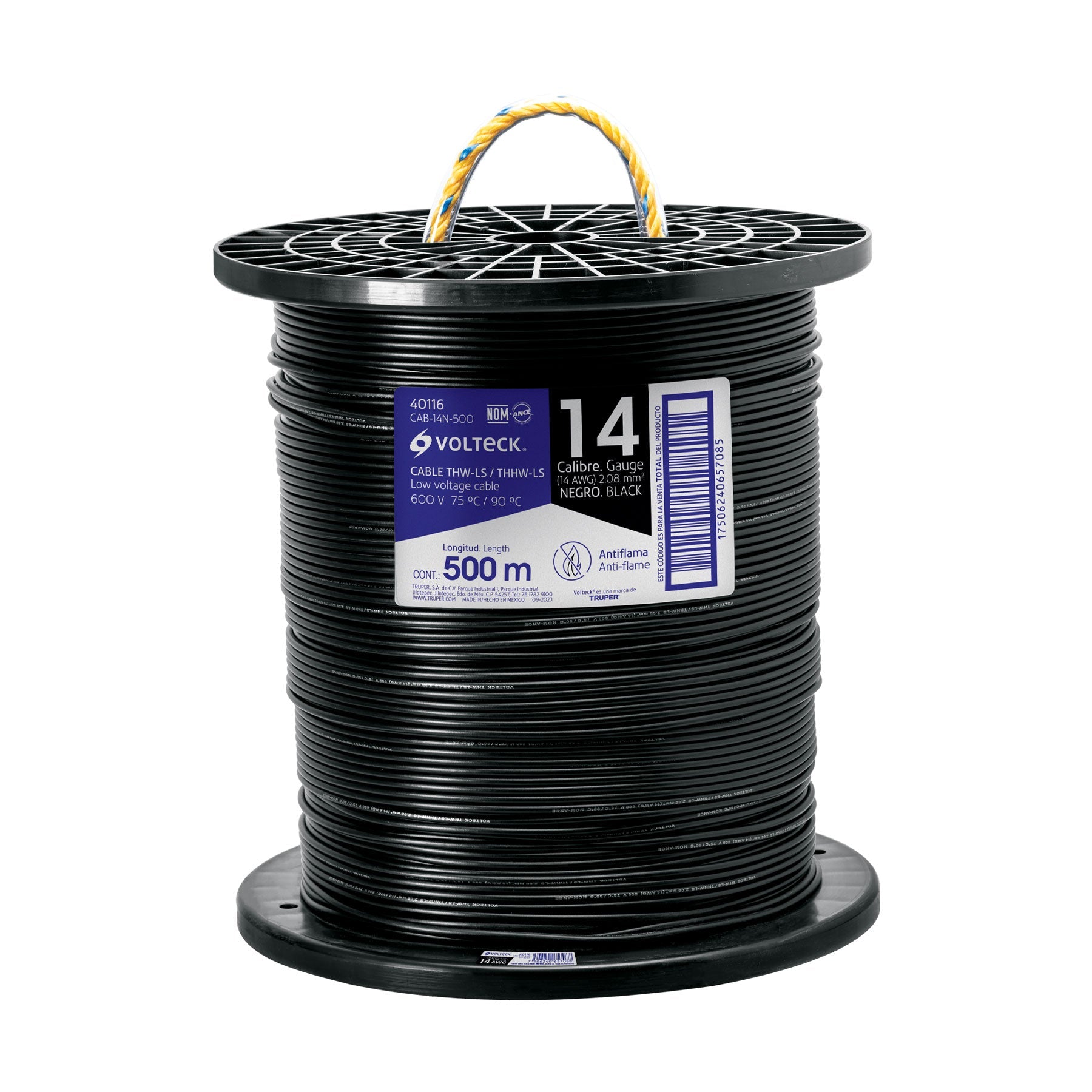 Metro de cable THHW-LS 14 AWG negro en carrete de 500 m