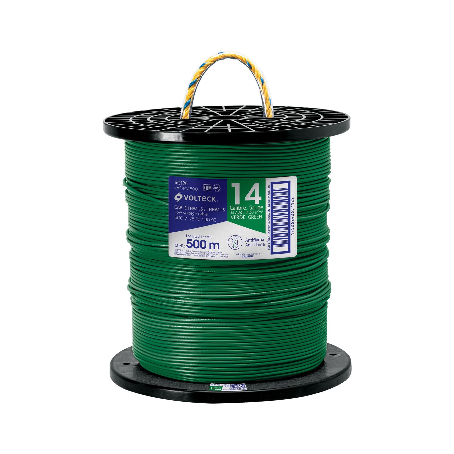 Metro de cable THHW-LS 14 AWG verde en carrete de 500 m