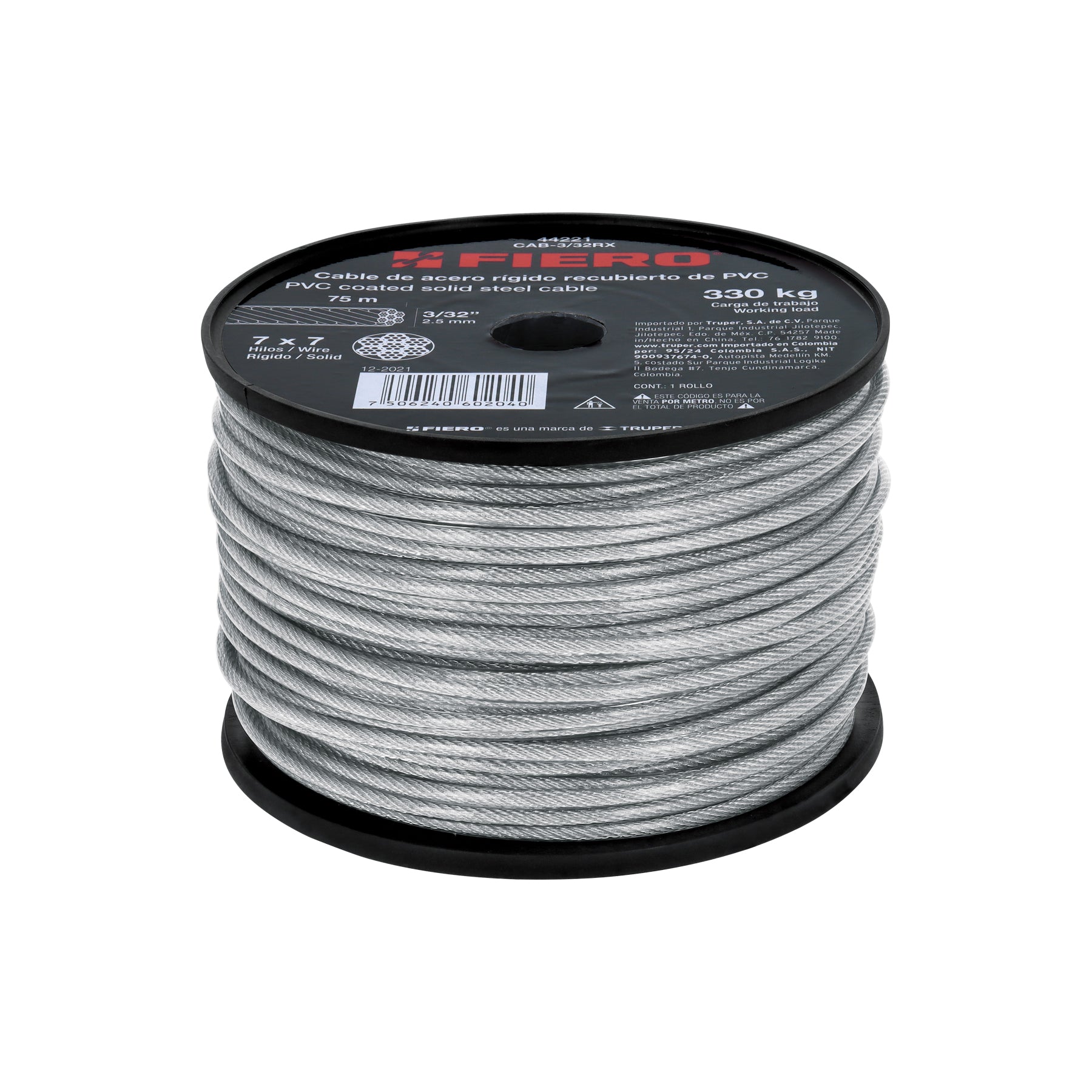 Metro de cable rigido 3/32' acero 7x7 recubierto PVC, 75 m