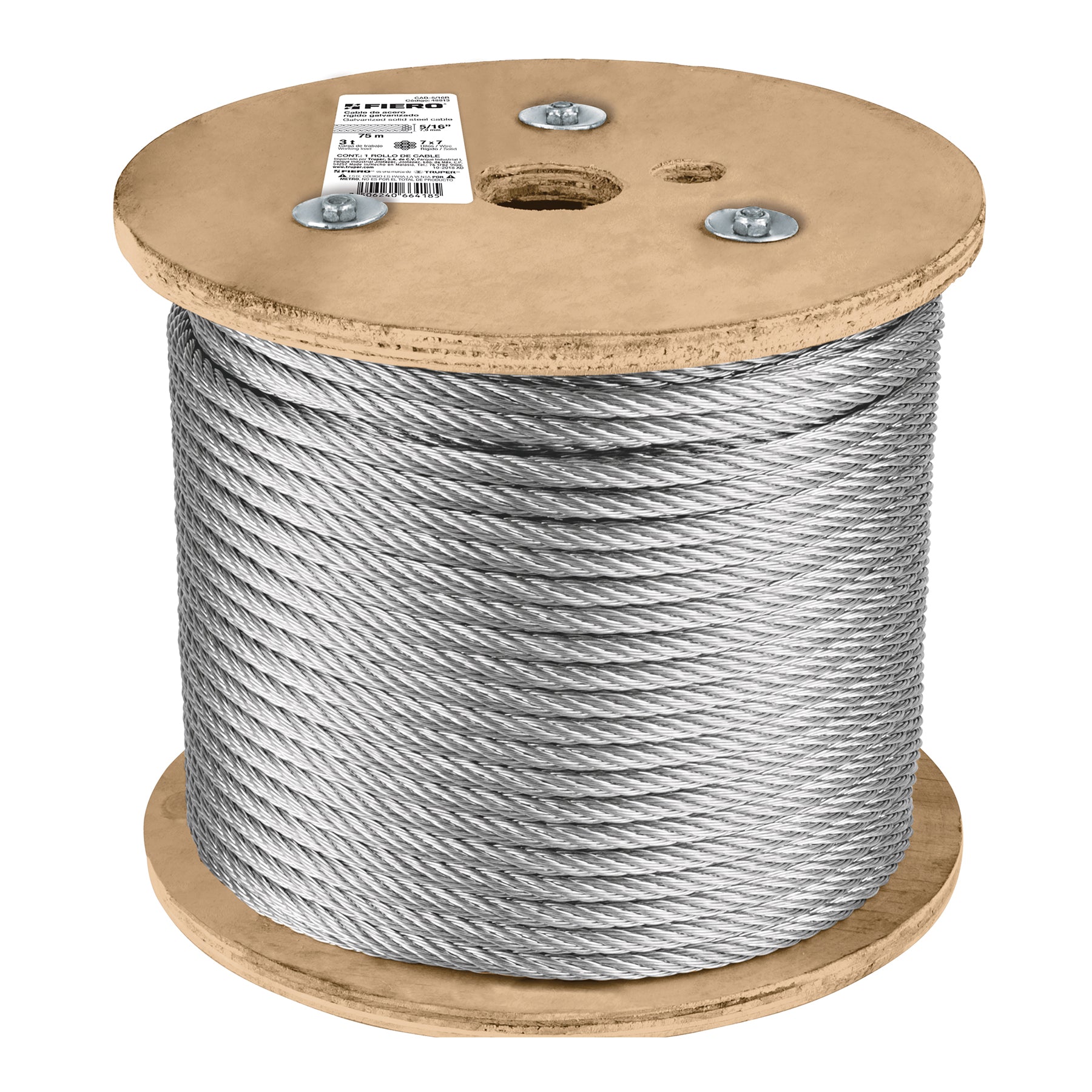 Metro de cable rigido 5/16' de acero 7x7 hilos, 75 m, FIERO