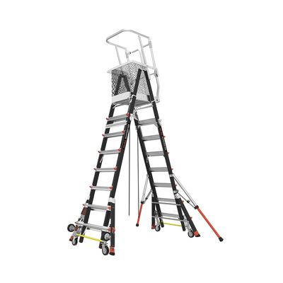 LITTLE GIANT LADDER SYSTEMS - Escalera de Fibra de Vidrio  con Jaula de 8'-14' (2.44 - 4.27 m). Con Ajuste en Ruedas (RATCHET™ Leveler) (SKU:18515-817).
