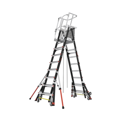 LITTLE GIANT LADDER SYSTEMS - Escalera de Fibra de Vidrio  con Jaula de 8'-14' (2.44 - 4.27 m). Con Ajuste en Ruedas (RATCHET™ Leveler) (SKU:18515-817).