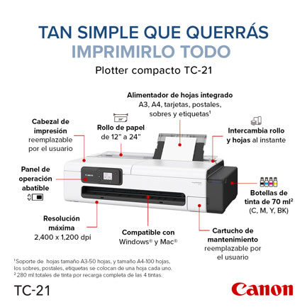 CANON - Plotter Canon imagePROGRAF TC-21 de 24" con Sistema Inyección de Tinta Continua